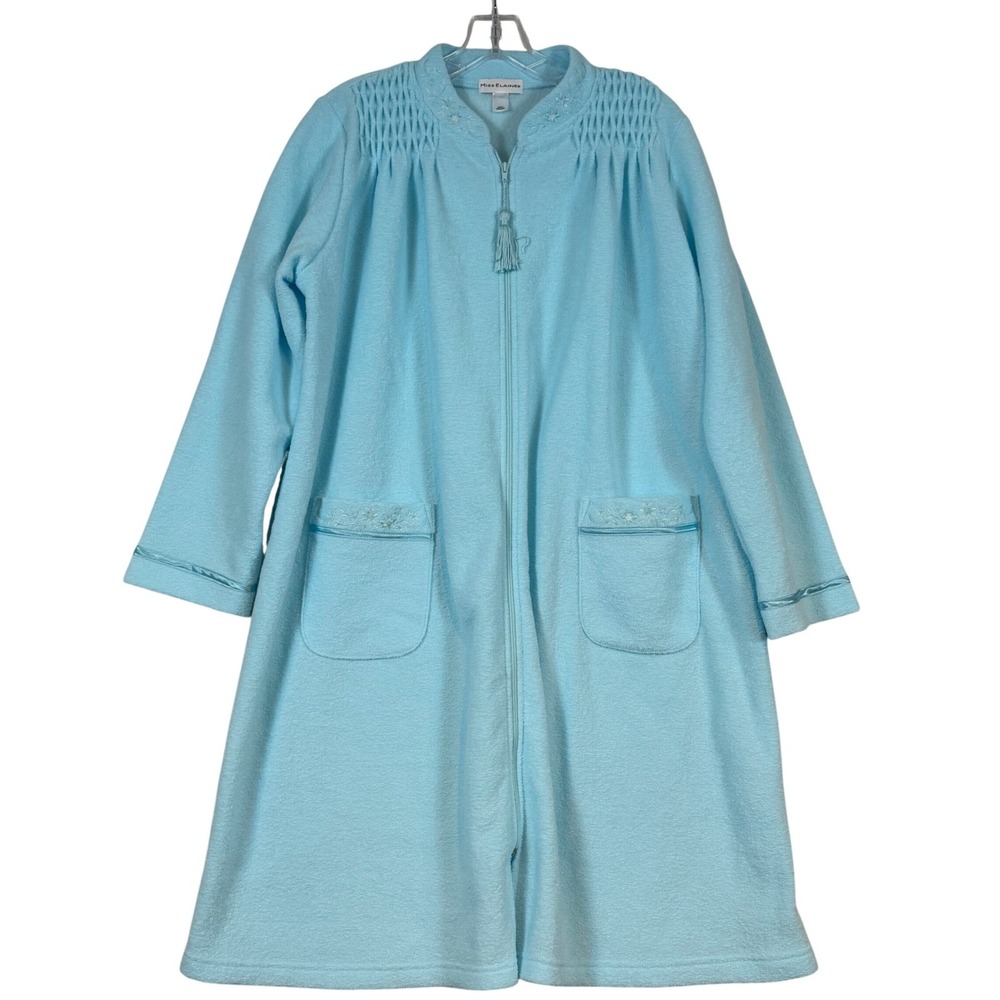 Miss Elaine Womens Blue Terry Zip Front Robe Grandmacore Embroidered Housecoat M